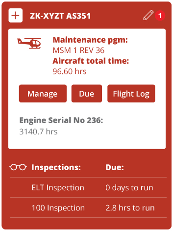 Aircraft with a red status showing overview data and due inspections