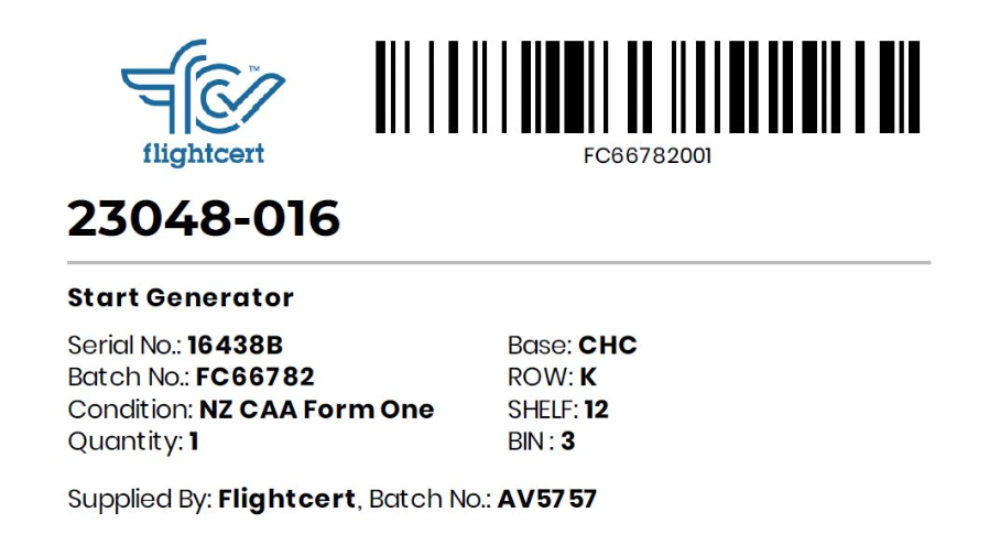 Example of a FlightCert Inventory label